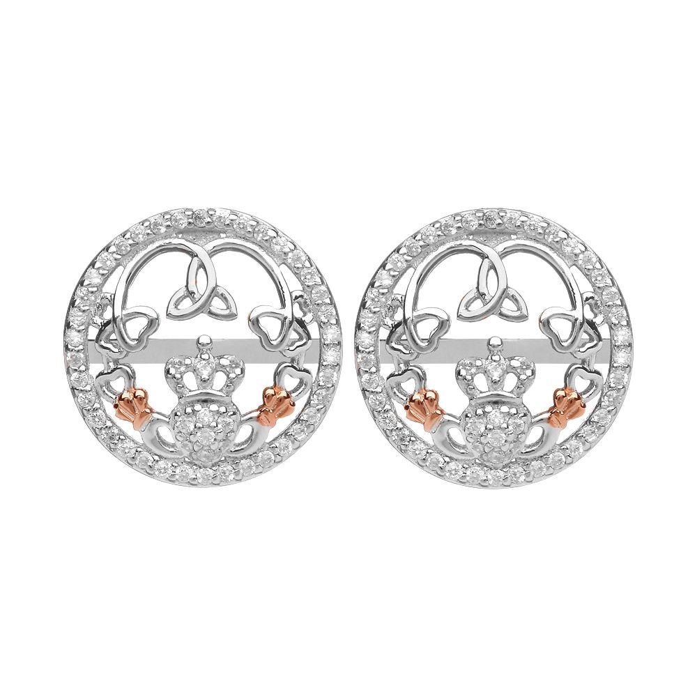 Sterling Silver Rose Gold Claddagh CZ Stud Earrings