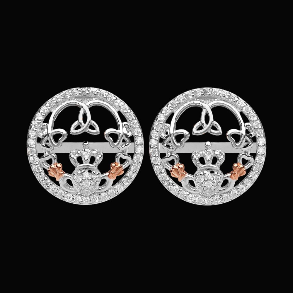Sterling Silver Rose Gold Claddagh CZ Stud Earrings