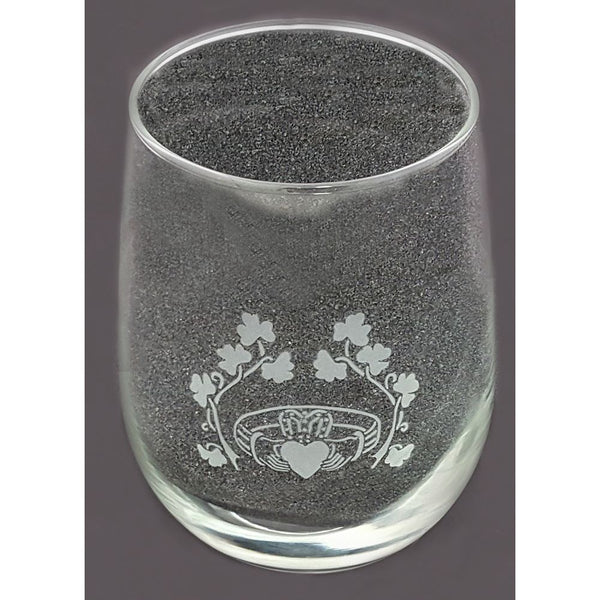 Etched Claddagh Stemless Wine Glass