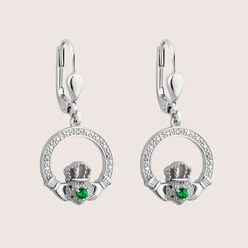 Sterling Silver Crystal Illusion Claddagh Drop Earrings