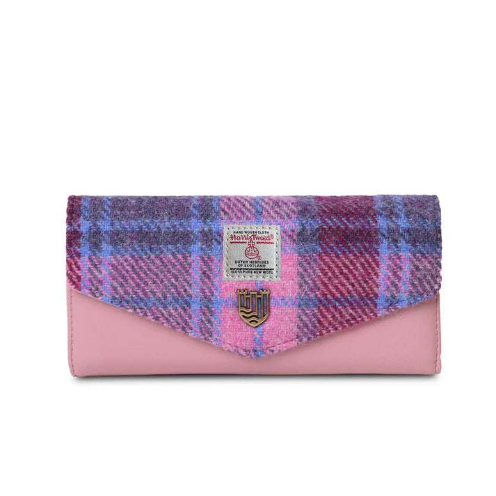 Islander Harris Tweed Large Clasp Clutch Purse 'Pink and Blue Tartan'