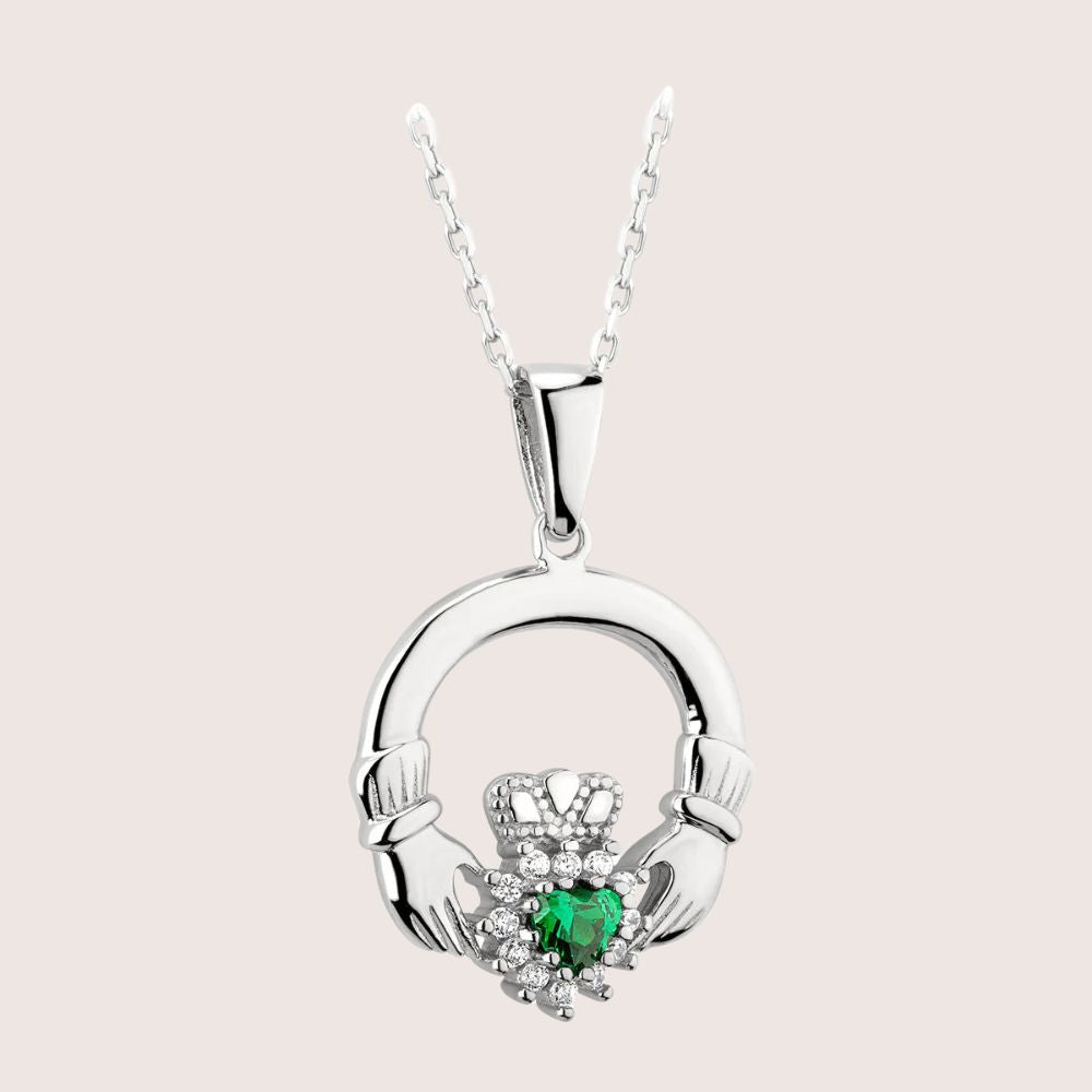 Sterling Silver Claddagh Necklace With Green Crystal Heart
