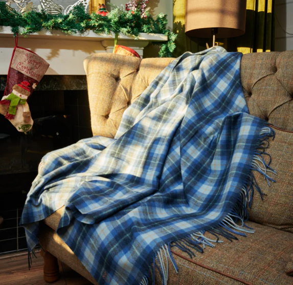 Islander Oversized Lambswool Blanket- Blue Tartan