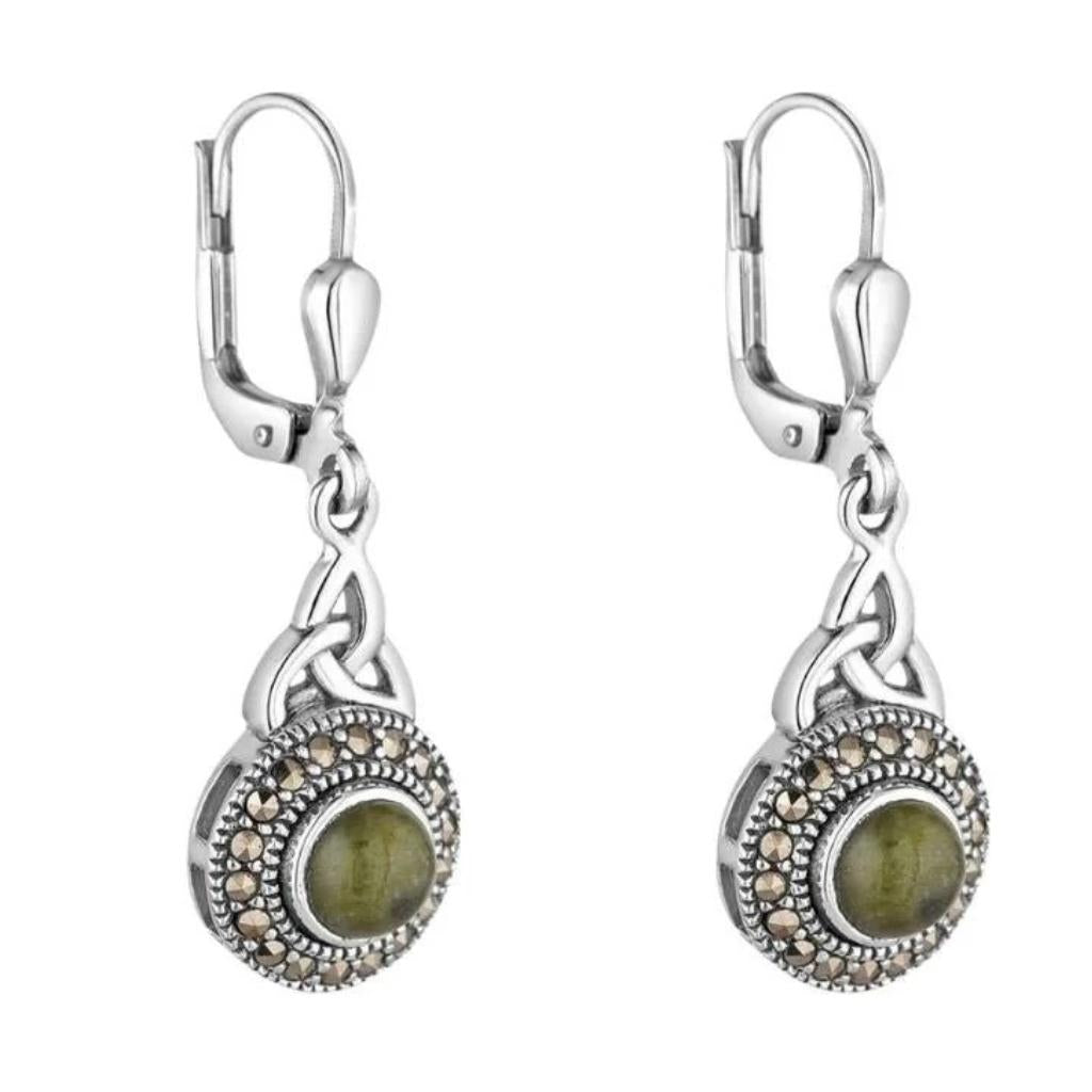 Connemara Marble and Marcasite Celtic Round Trinity Drop Earrings