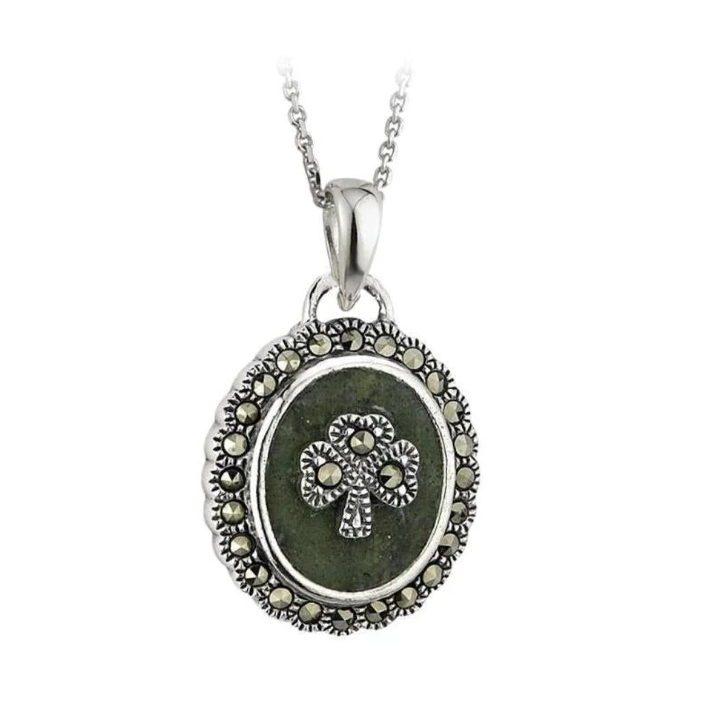Connemara Marble and Marcasite Oval Shamrock Necklace