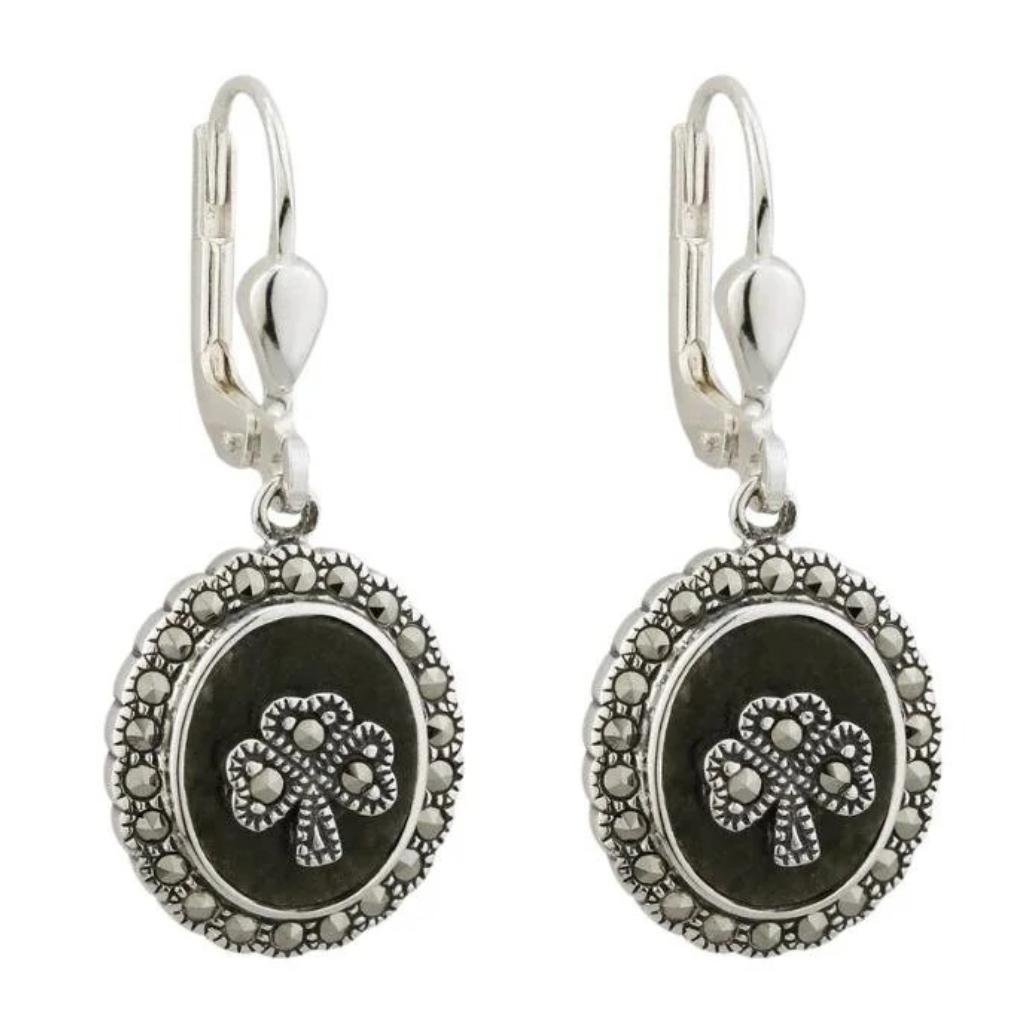 Connemara Marble and Marcasite Round Shamrock Drop Earrings