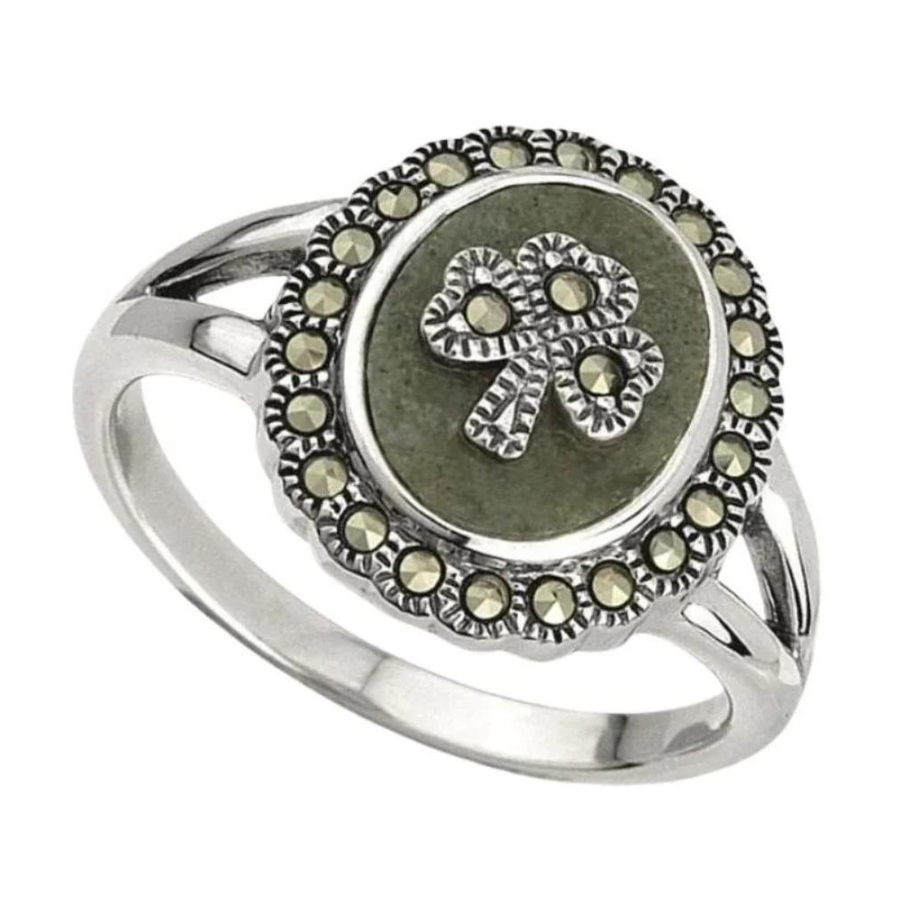 Connemara Marble and Marcasite Round Shamrock Ring