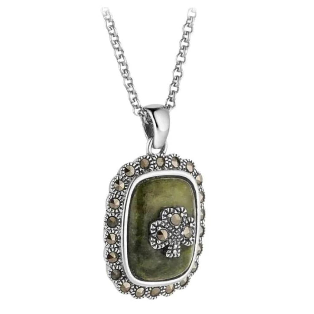 Connemara Marble and Marcasite Square Shamrock Necklace