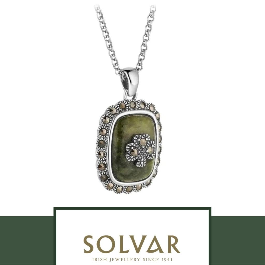 Connemara Marble and Marcasite Square Shamrock Necklace