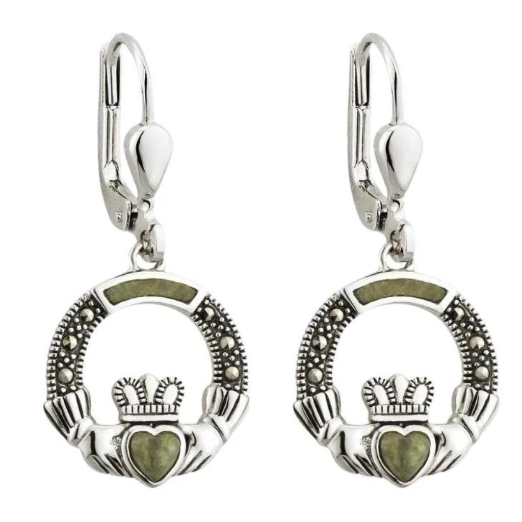 Connemara Marble and Marcasite Sterling Silver Claddagh Drop Earrings