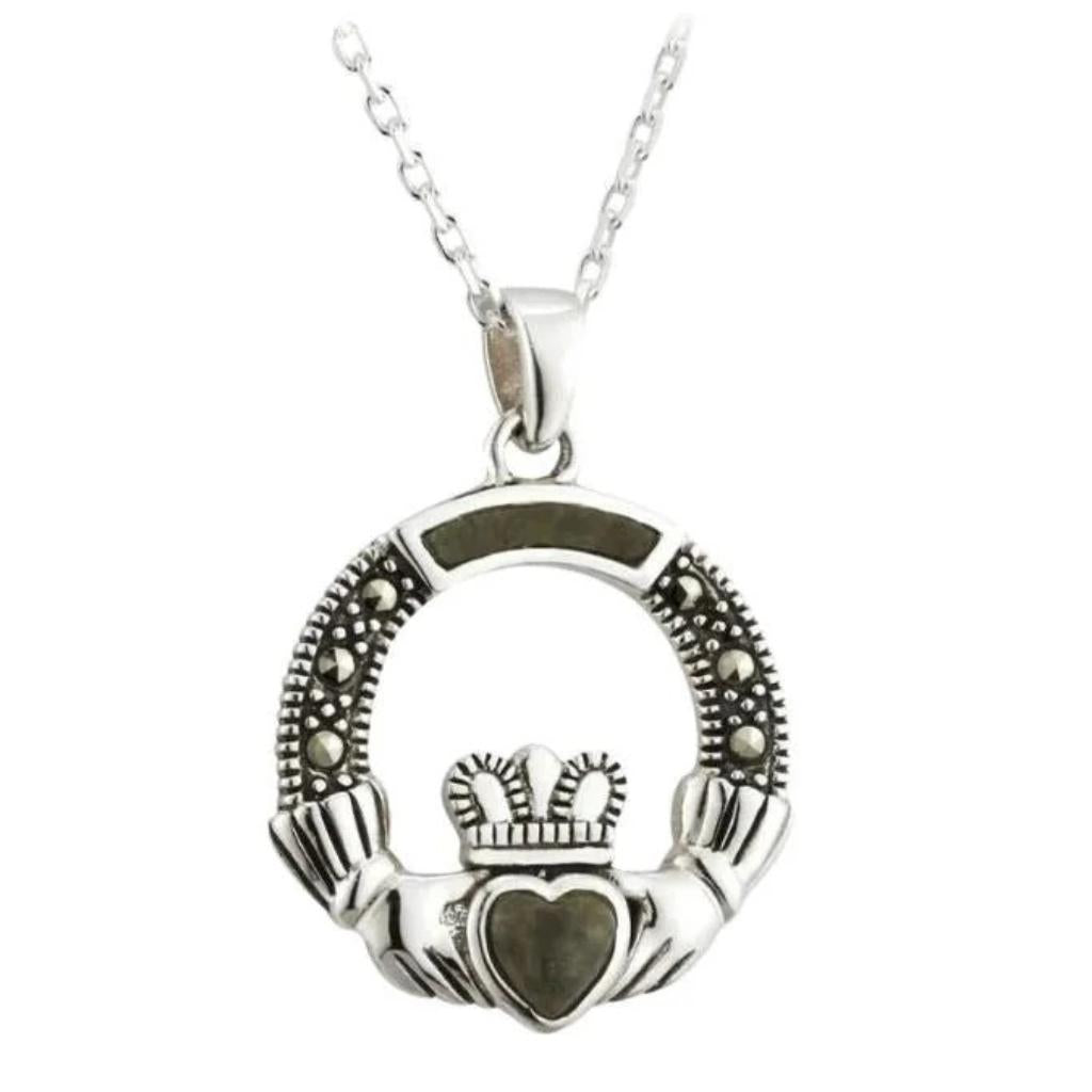 Connemara Marble and Marcasite Sterling Silver Claddagh Necklace