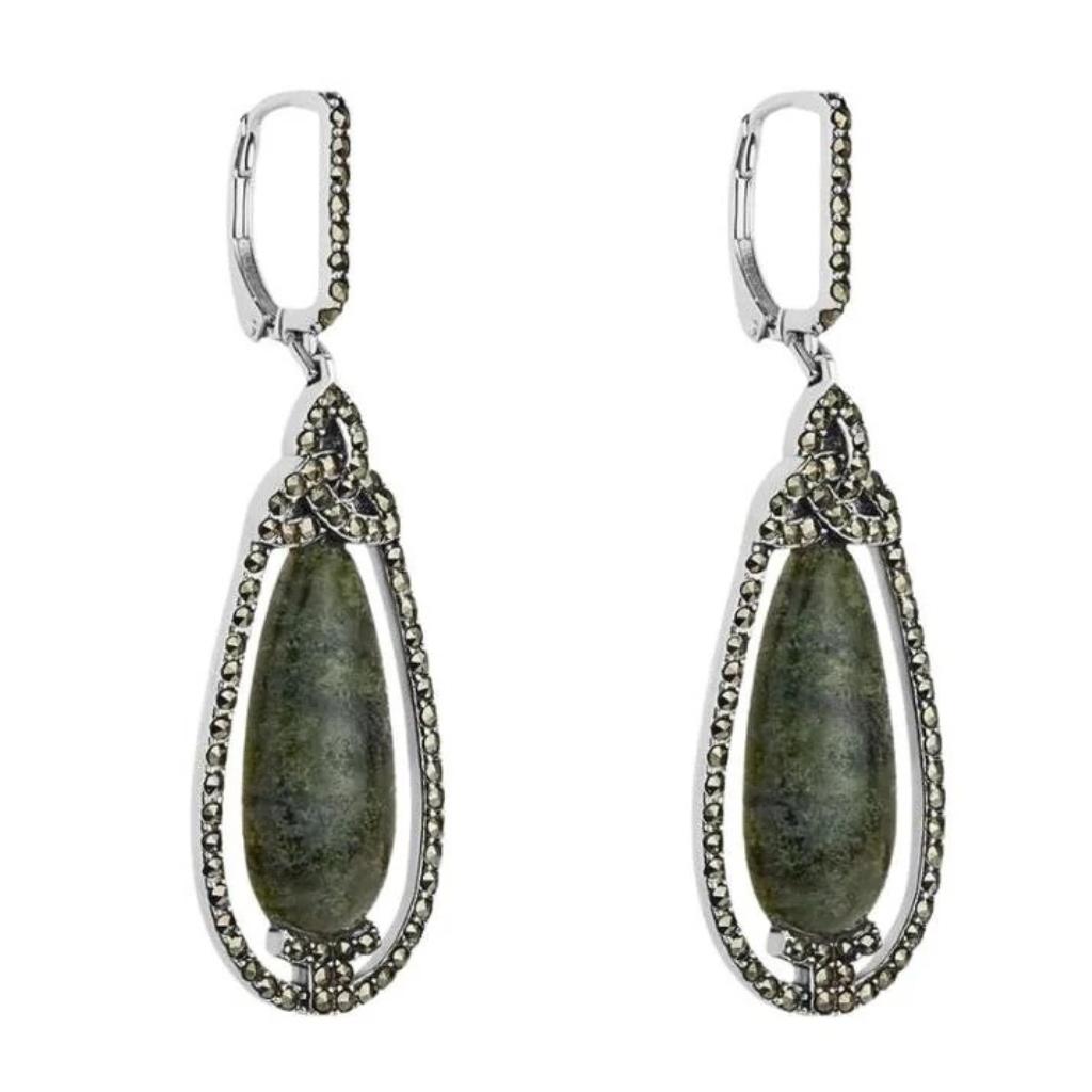 Connemara Marble and Marcasite Trinity Knot Drop Earrings