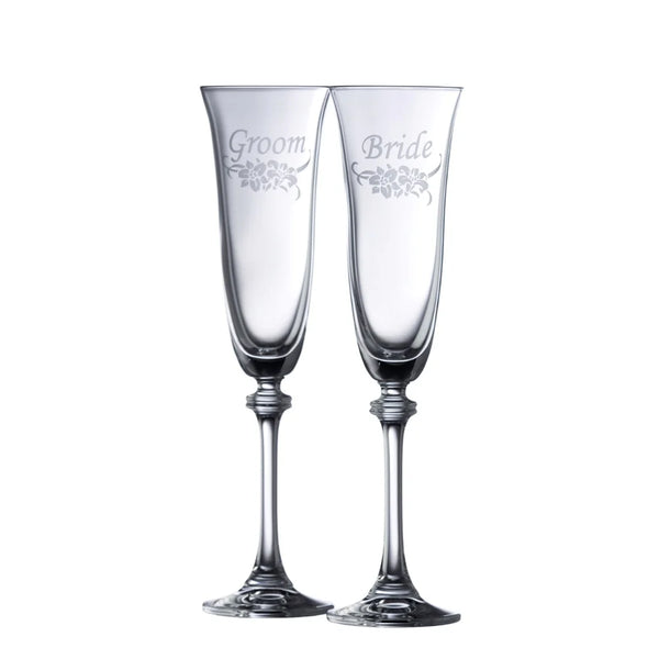 Galway Crystal Bride and Groom Floral Champagne Flute Set