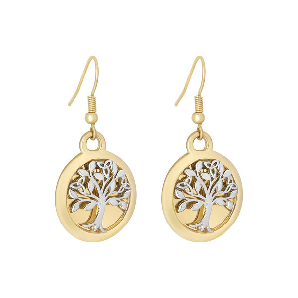 18ct Gold and Silver Plated Tree of Life Drop Earrings- Large