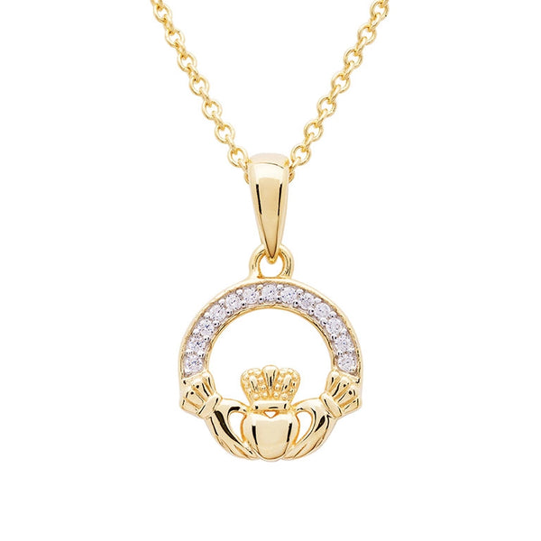 14K Gold Vermeil Claddagh Necklace with Cubic Zirconia