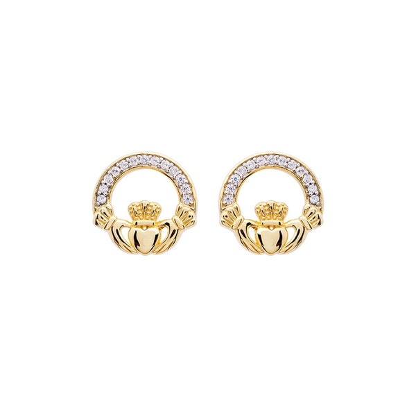 14K Gold Vermeil Claddagh Stud Earrings with Cubic Zirconia