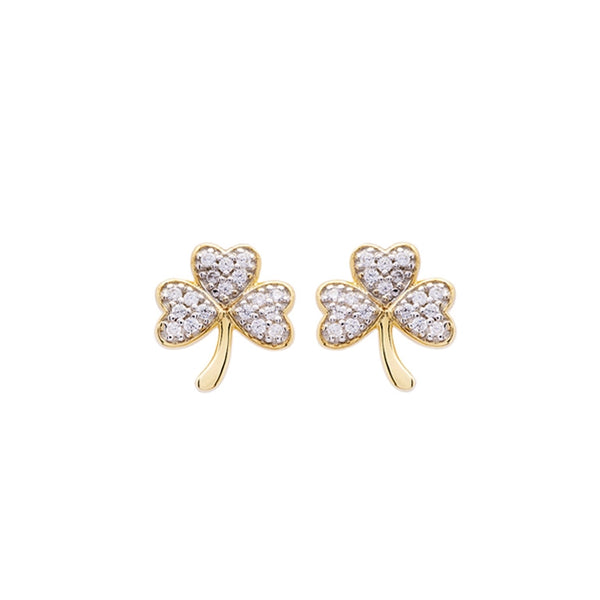 14k Gold Vermeil CZ Embellished Shamrock Stud Earrings