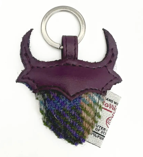 Harris Tweed Highland Cow Keyring- Green and Purple Plaid