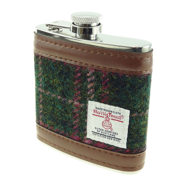 Harris Tweed Hip Flask- Dark Green and Plum Check