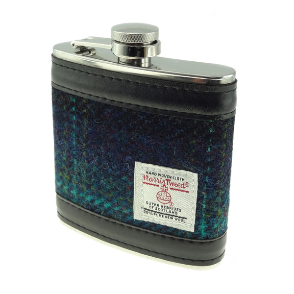 Harris Tweed Hip Flask- Blue with Turquoise Overcheck