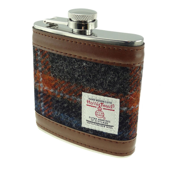 Harris Tweed Hip Flask- Grey with Rust Overcheck