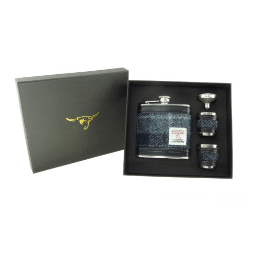 Harris Tweed Hip Flask Gift Set- Grey and Black Tartan