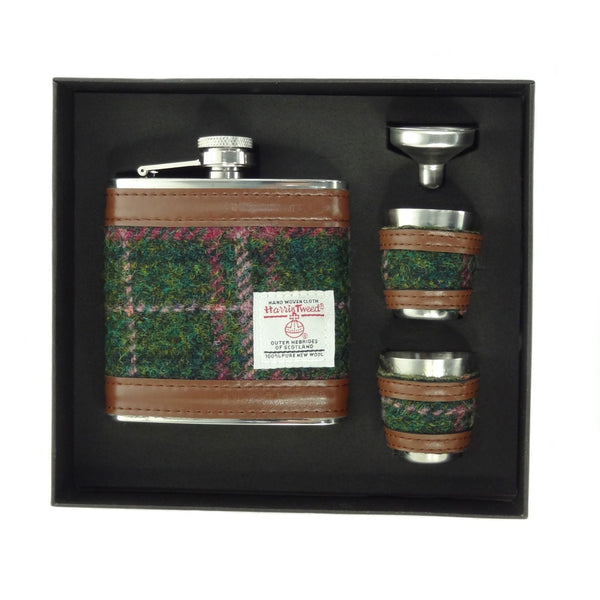 Harris Tweed Hip Flask Gift Set- Dark Green and Plum Check