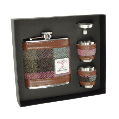 Harris Tweed Hip Flask Gift Set- Muted Green and Rose Pink Tartan