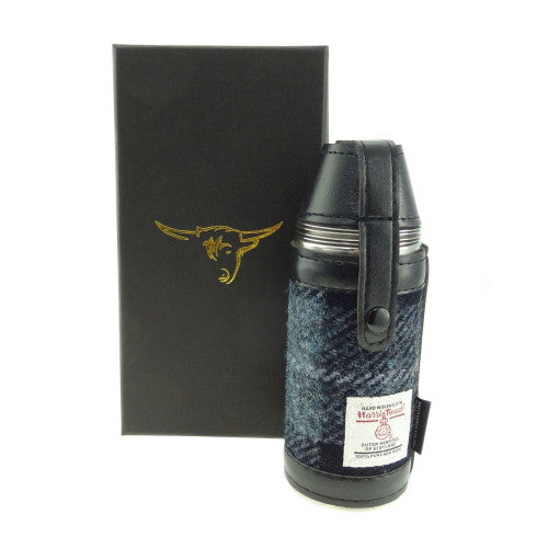 Harris Tweed Hunting Flask with Shot Glasses- Grey/Black Tartan