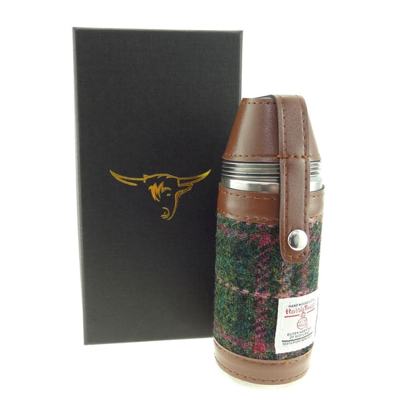 Harris Tweed Hunting Flask with Shot Glasses- Dark Green and Plum Check