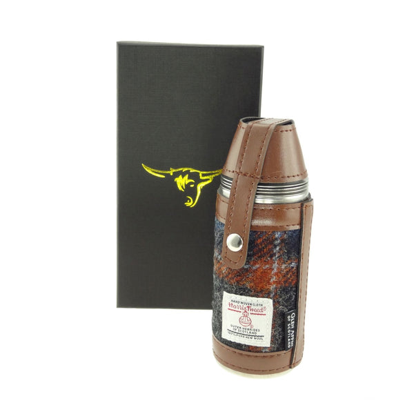 Harris Tweed Hunting Flask with Shot Glasses- Grey with Rust Overcheck