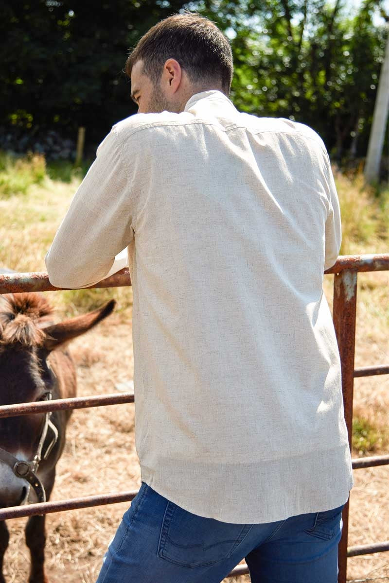 Men's Irish Collarless Linen Grandad Shirt - Natural Beige