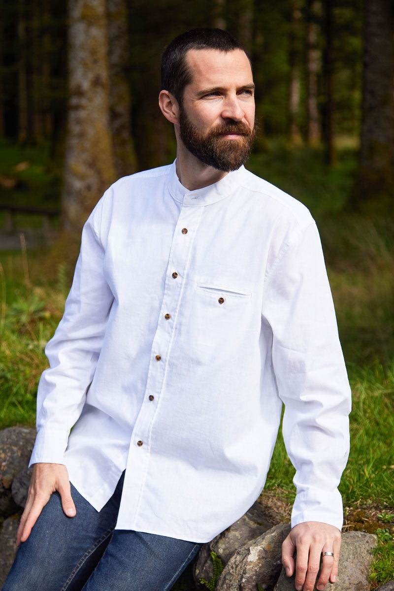 Men's Irish Collarless Linen Grandfather Shirt - Bleach White