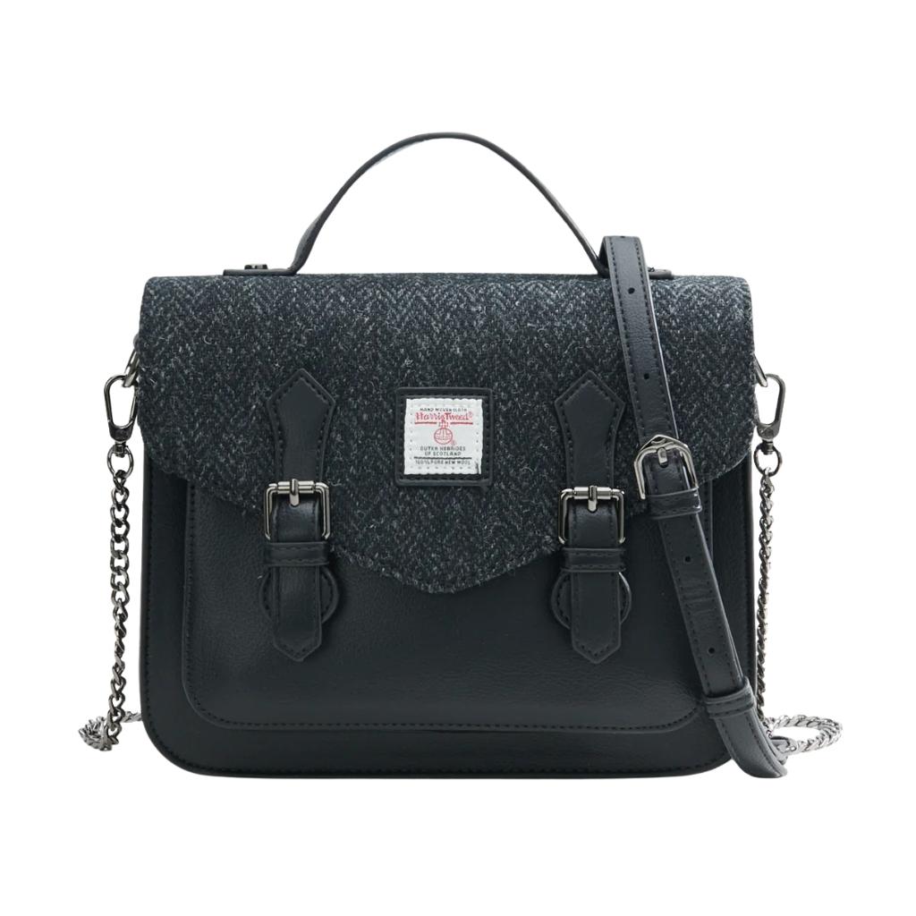 Islander Harris Tweed Medium Calton Satchel 'Black Herringbone'