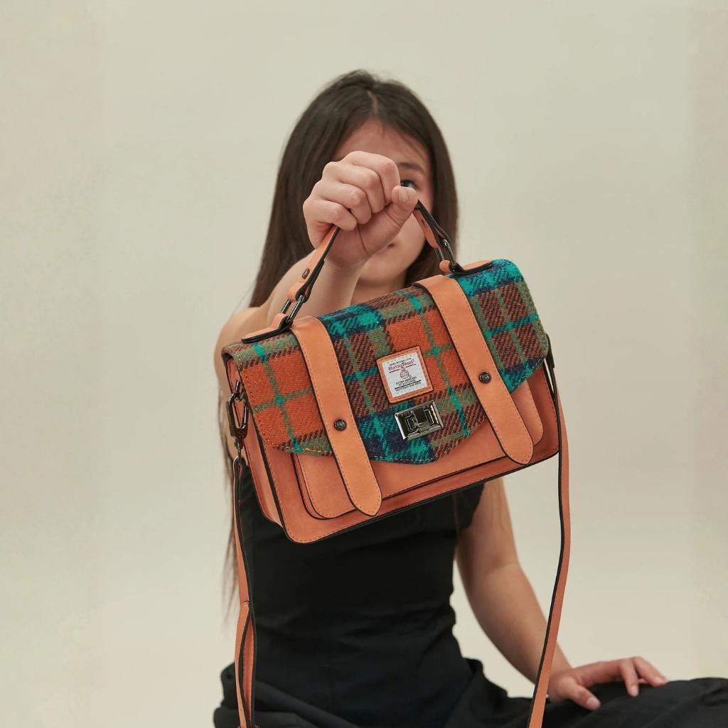 Islander Harris Tweed Medium Satchel 'Chestnut Blue Tartan'