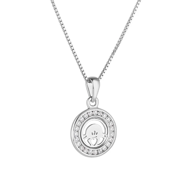 Kid's Sterling Silver Round Claddagh Cz Necklace
