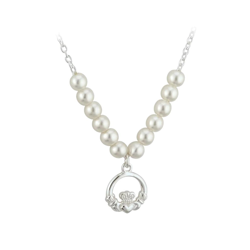 Kid's Rhodium Plated Pearl Claddagh Necklace