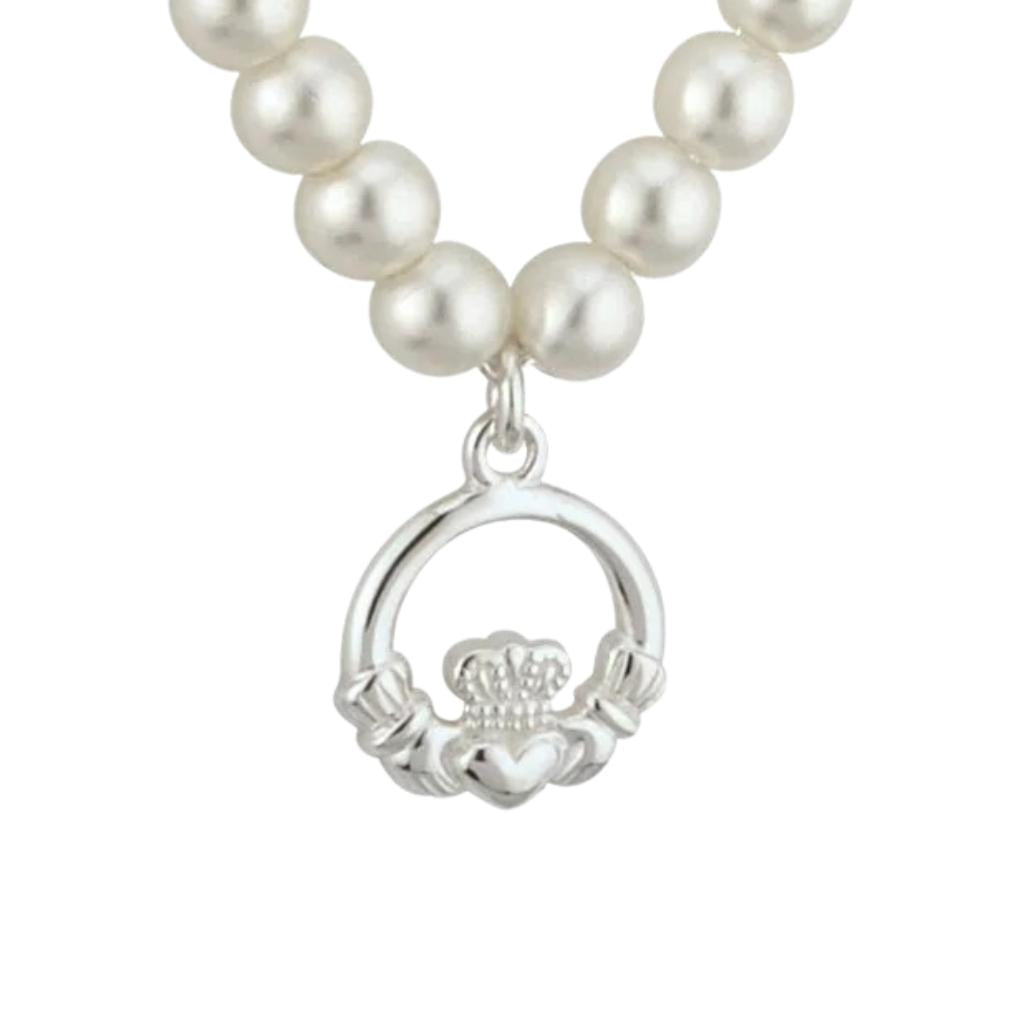Kid's Rhodium Plated Pearl Claddagh Necklace