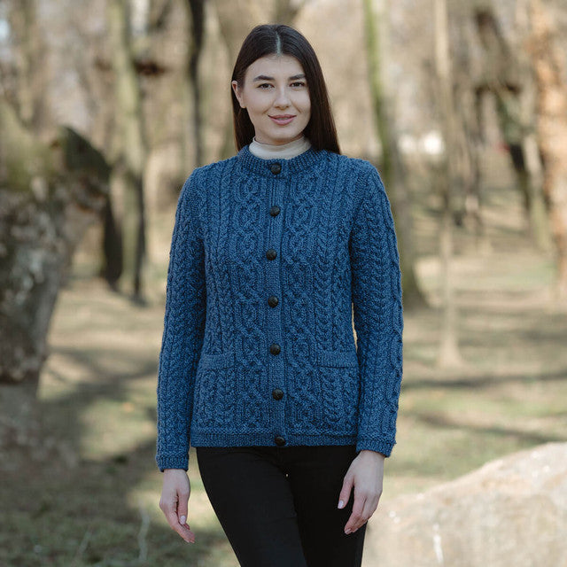 Ladies Merino Wool Aran Button Cardigan