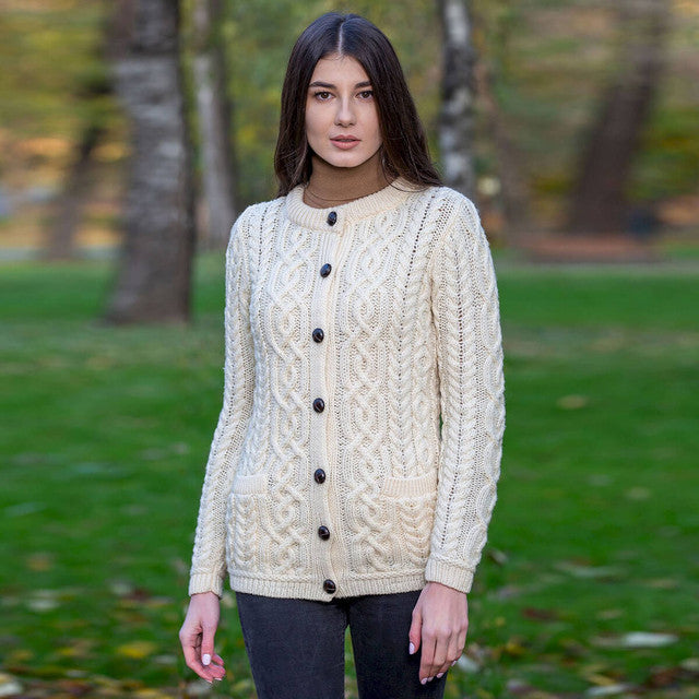 Ladies Merino Wool Aran Button Cardigan