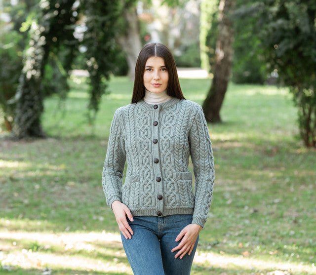 Ladies Merino Wool Aran Button Cardigan