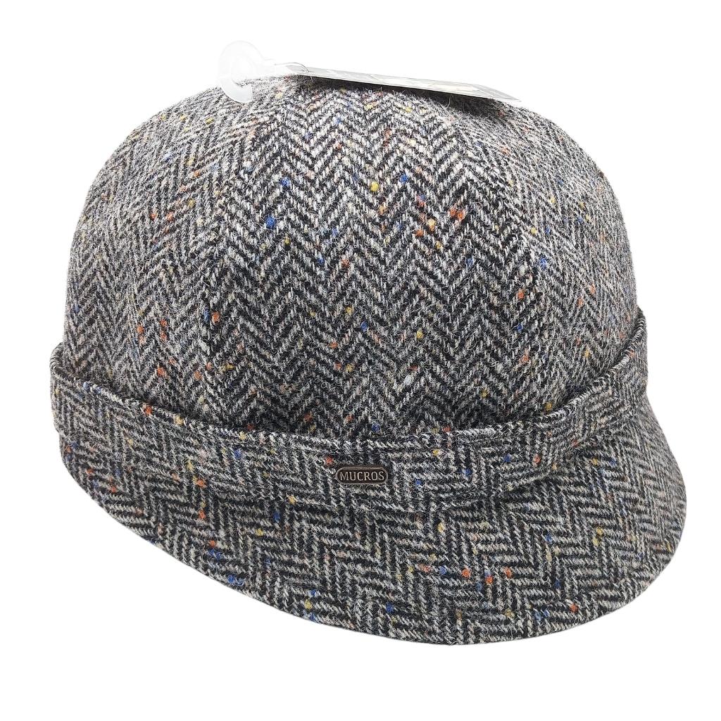 Mucros Weavers Black and White Herringbone Tweed Flapper Cap 1