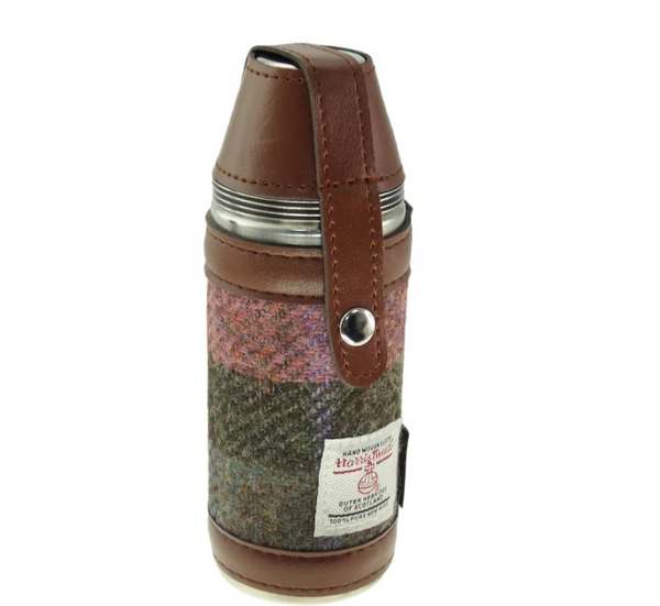 Harris Tweed Hunting Flask with Shot Glasses- Muted Green and Rose Pink Tartan