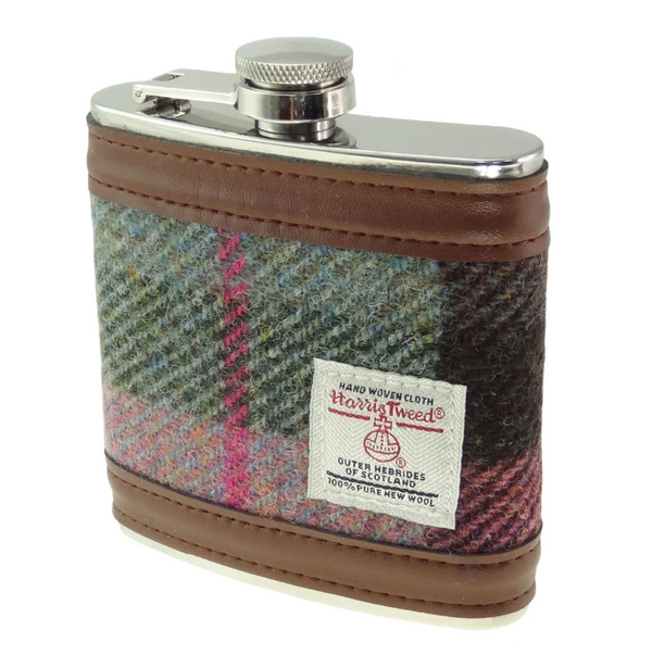 Harris Tweed Hip Flask- Muted Green and Rose Pink Tartan