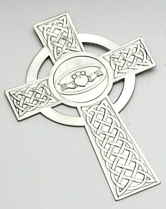 Pewter Celtic Wall Cross with Claddagh