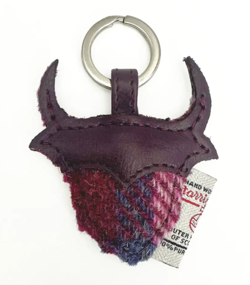 Harris Tweed Highland Cow Keyring- Pink and Blue Tartan