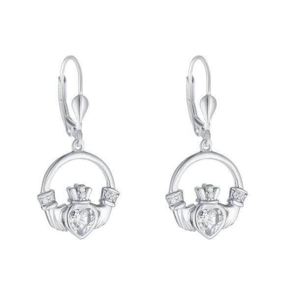 Sterling Silver Claddagh Drop Earrings with Large CZ Hearts