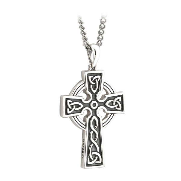 Large Double Sided Oxidized Sterling Silver Celtic Cross on Steel Chain