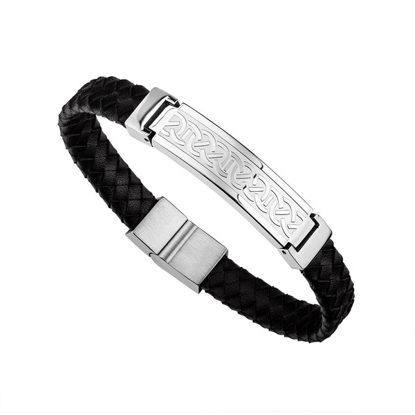 Men's Stainless Steel & Black Leather Celtic Knot Bracelet