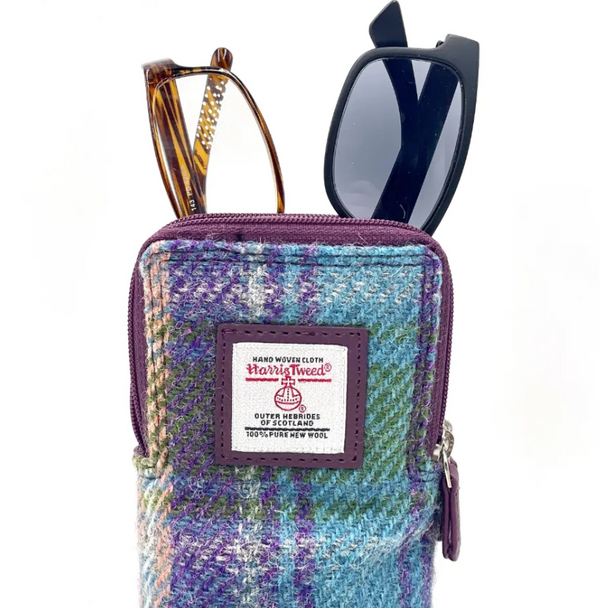 Harris Tweed Double Glasses Sleeve- Green and Purple Plaid